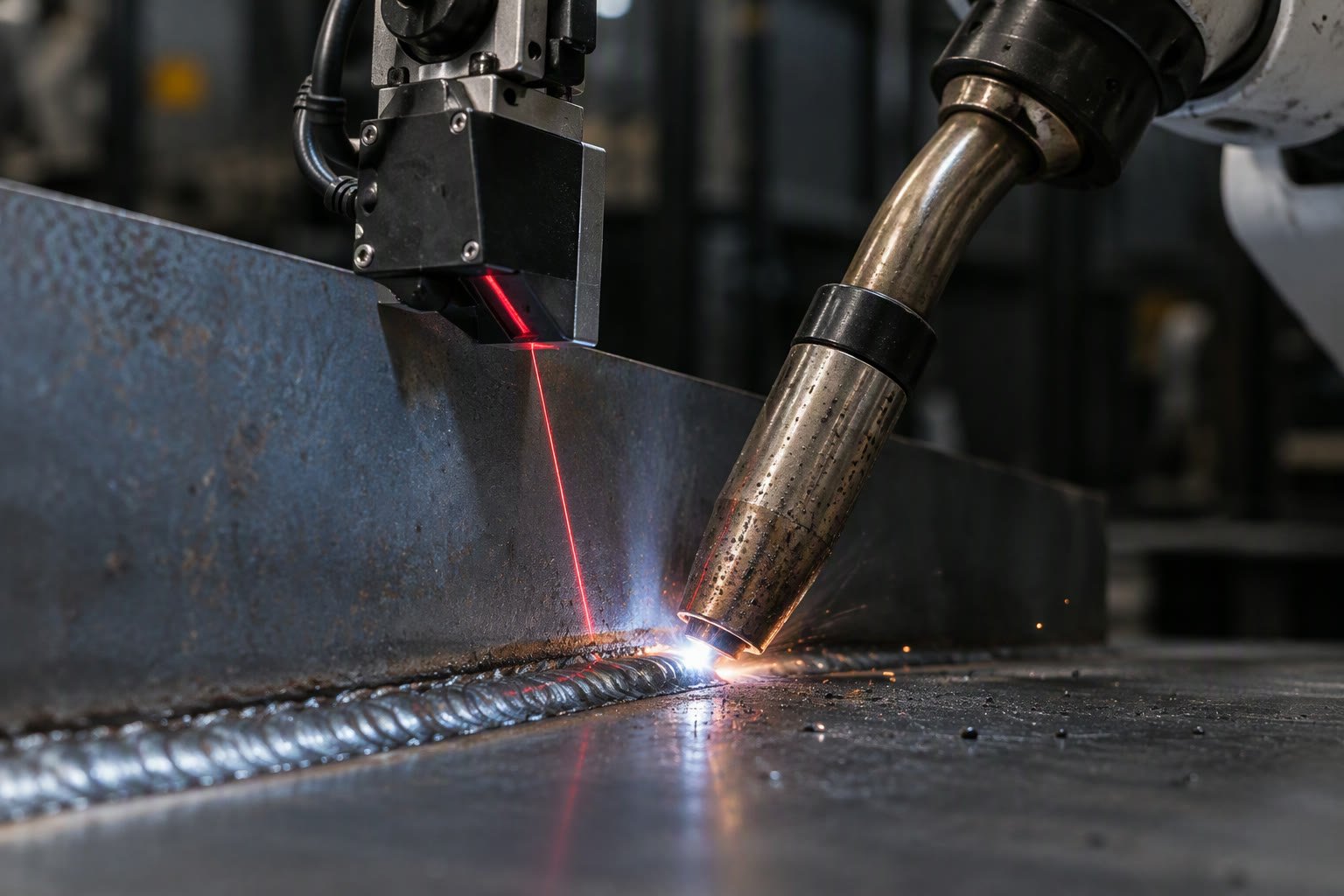 Laser seam tracking sensor mounted beside a robotic welding torch
