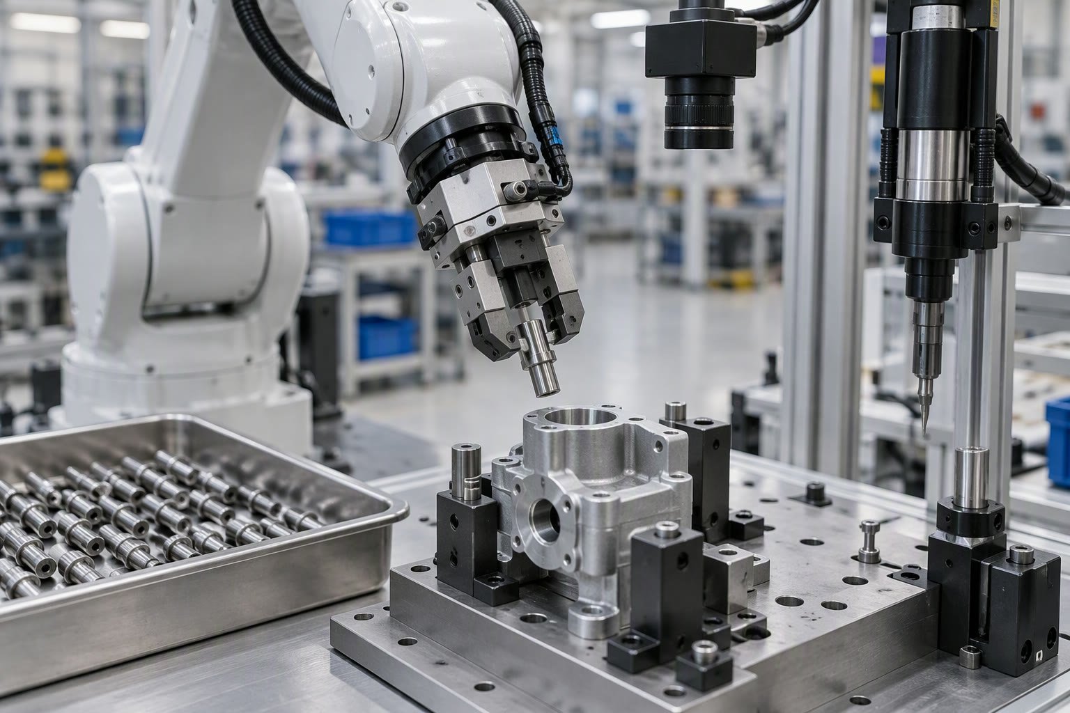Assembly robot inserting a pin into a housing in a fixture
