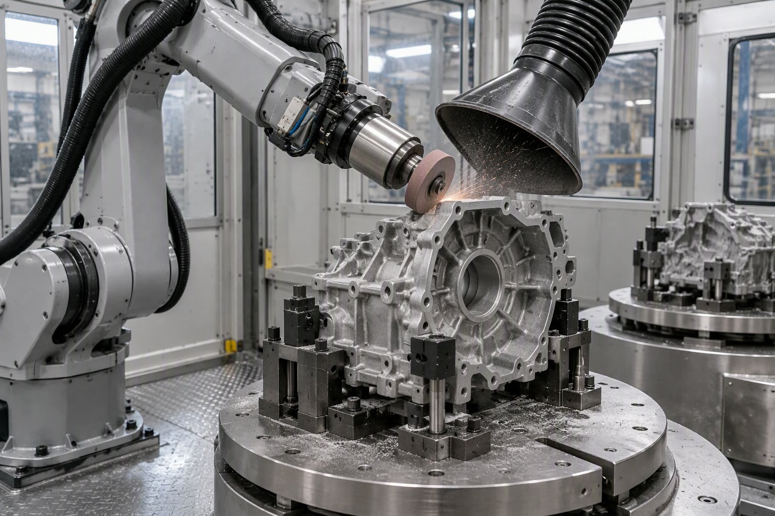 Robot grinding the edge of an aluminium casting with dust extraction