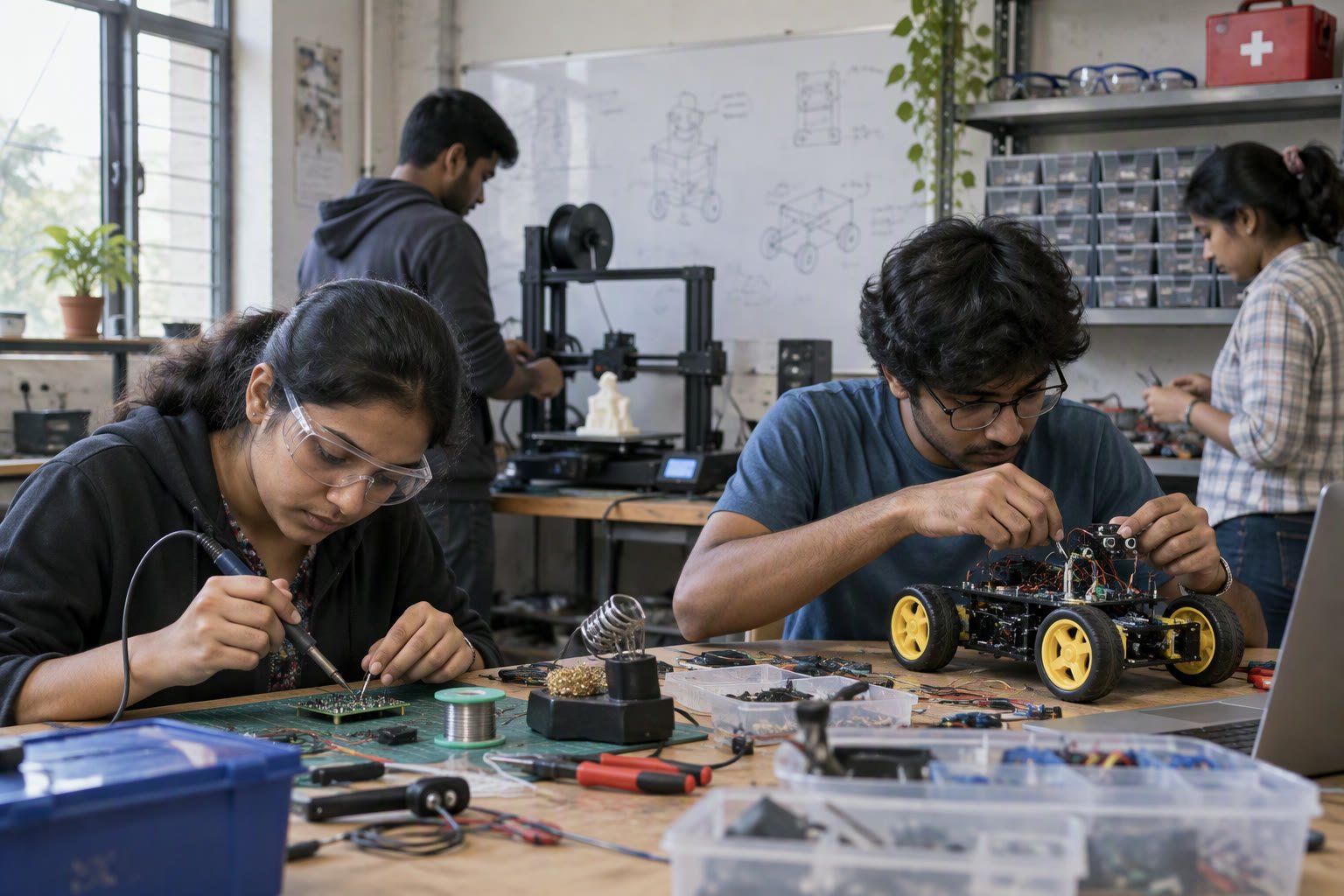 Students assembling and soldering robots at a college robotics club workbench