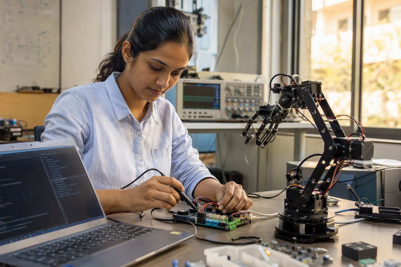 Young Indian robotics engineer working at a bench with a laptop and a small robot arm