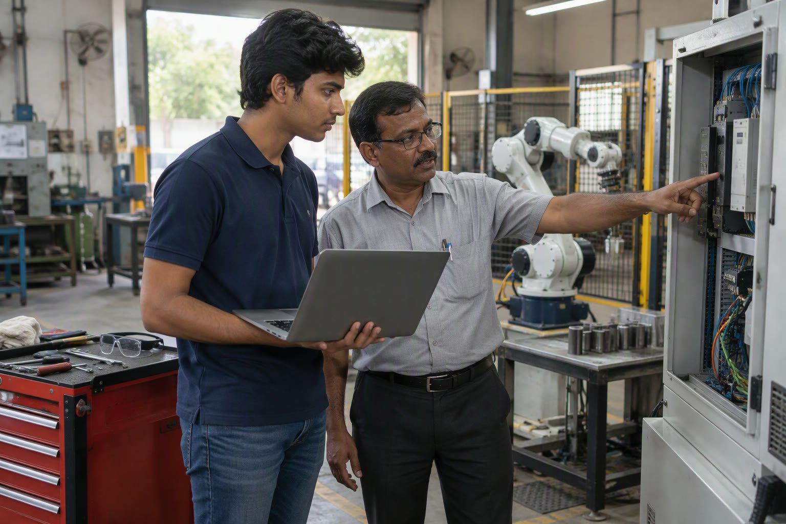 Engineering intern with a laptop beside a senior engineer at a robot controller cabinet