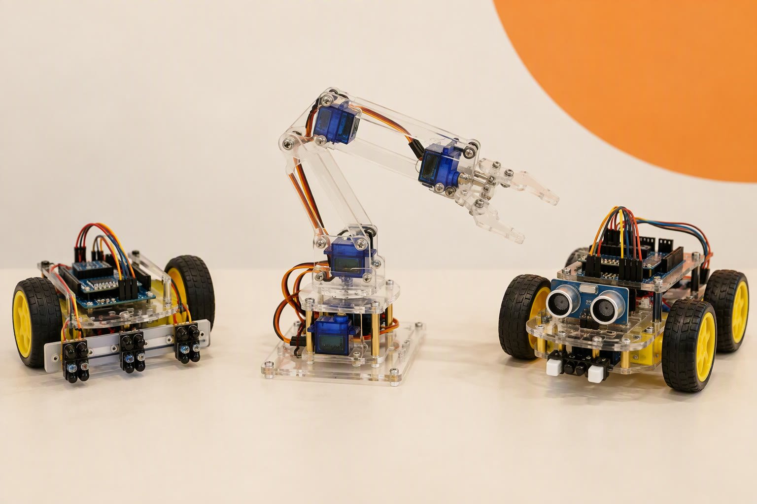 Polytechnic students testing a small line-follower robot on a lab bench