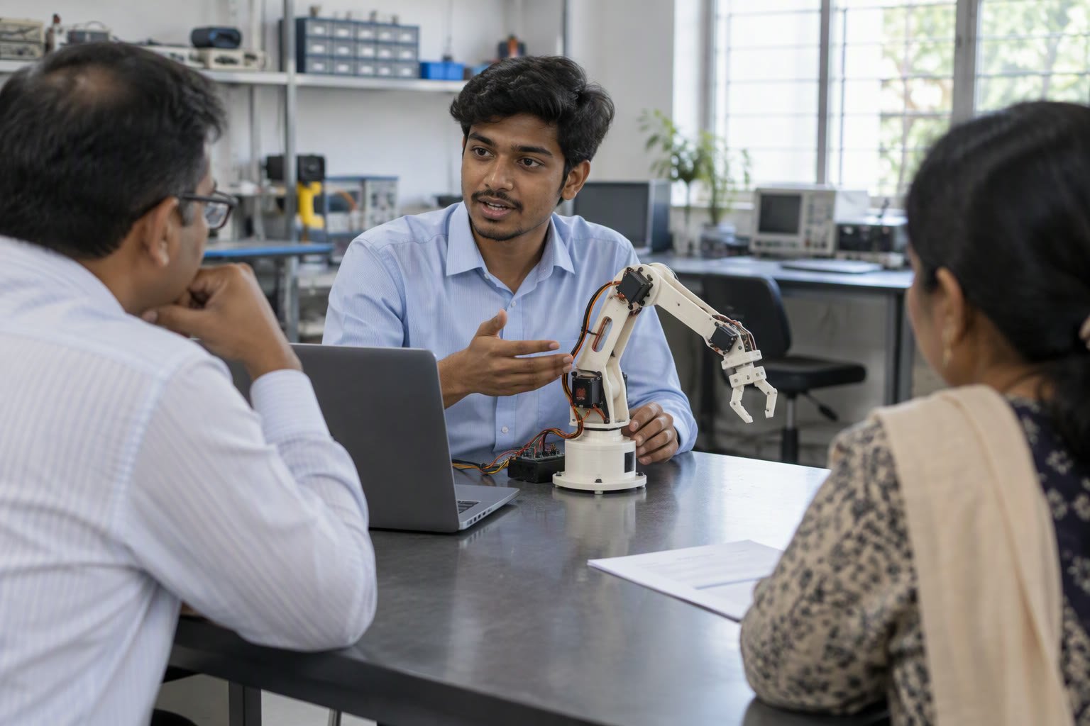 Young Indian engineering graduate showing a small robot arm to two interviewers in a lab