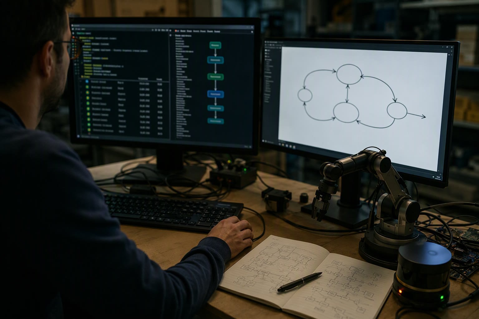 Developer workstation showing ROS 2 node list and a lifecycle state diagram