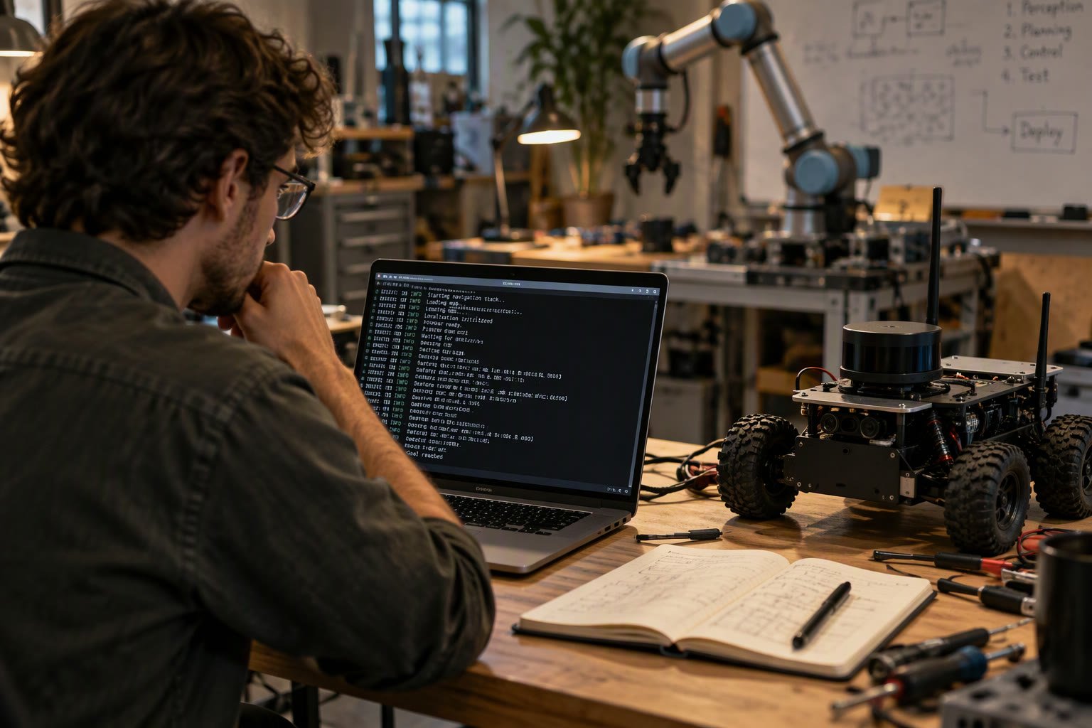 Robotics engineer reading ROS 2 topic output on a laptop beside a mobile robot