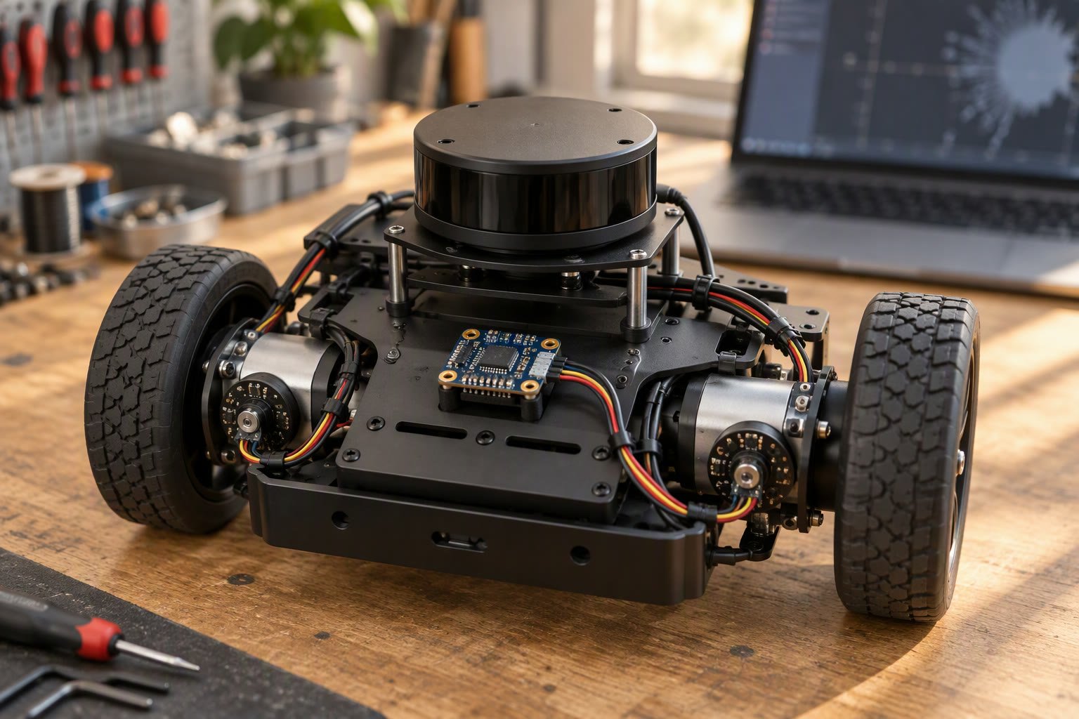 Mobile robot chassis with a lidar, IMU and encoders on a workbench