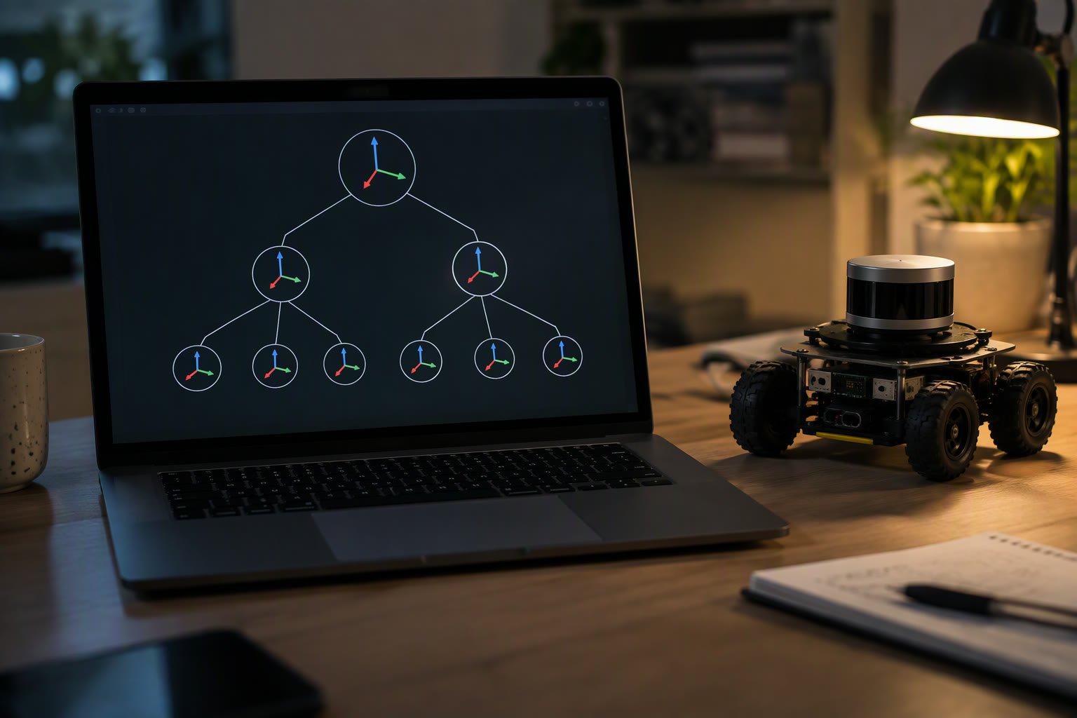 Laptop showing a TF frame tree beside a small mobile robot
