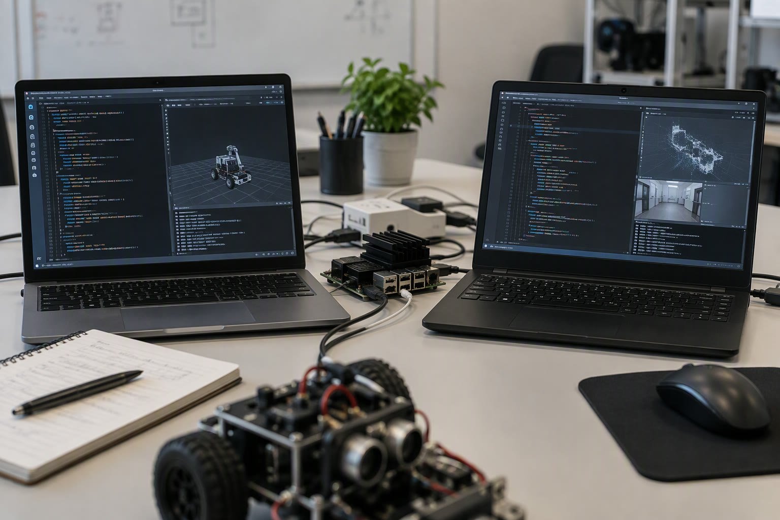Laptop showing ROS 1 and ROS 2 documentation side by side