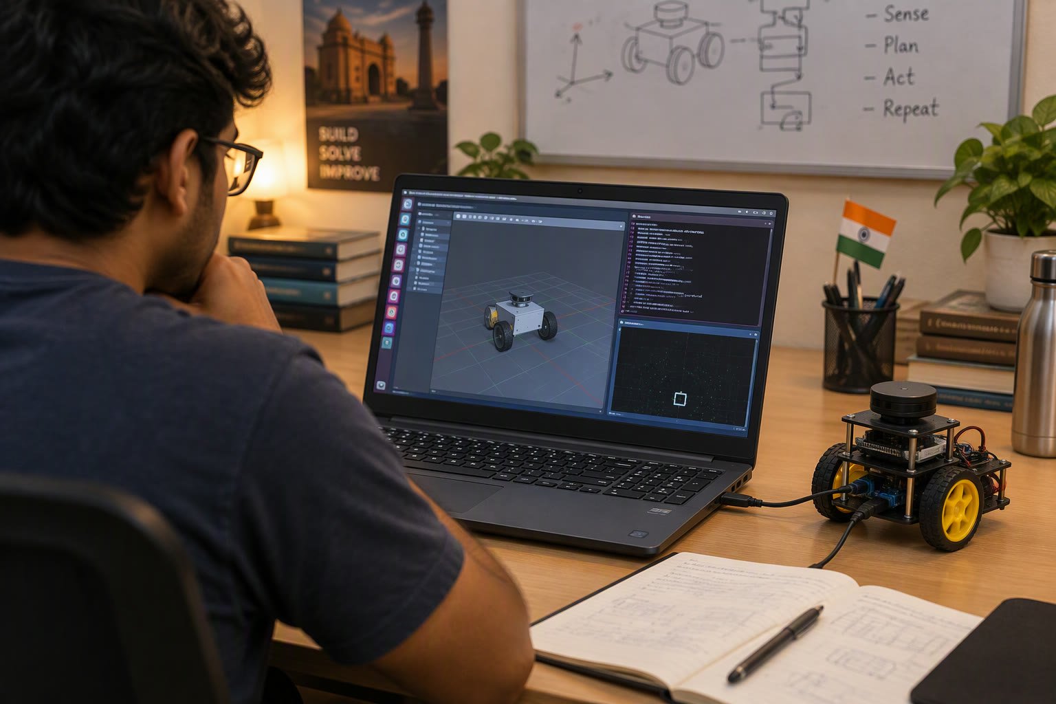 Laptop running a Linux desktop with a 3D robot visualisation beside a small wheeled robot