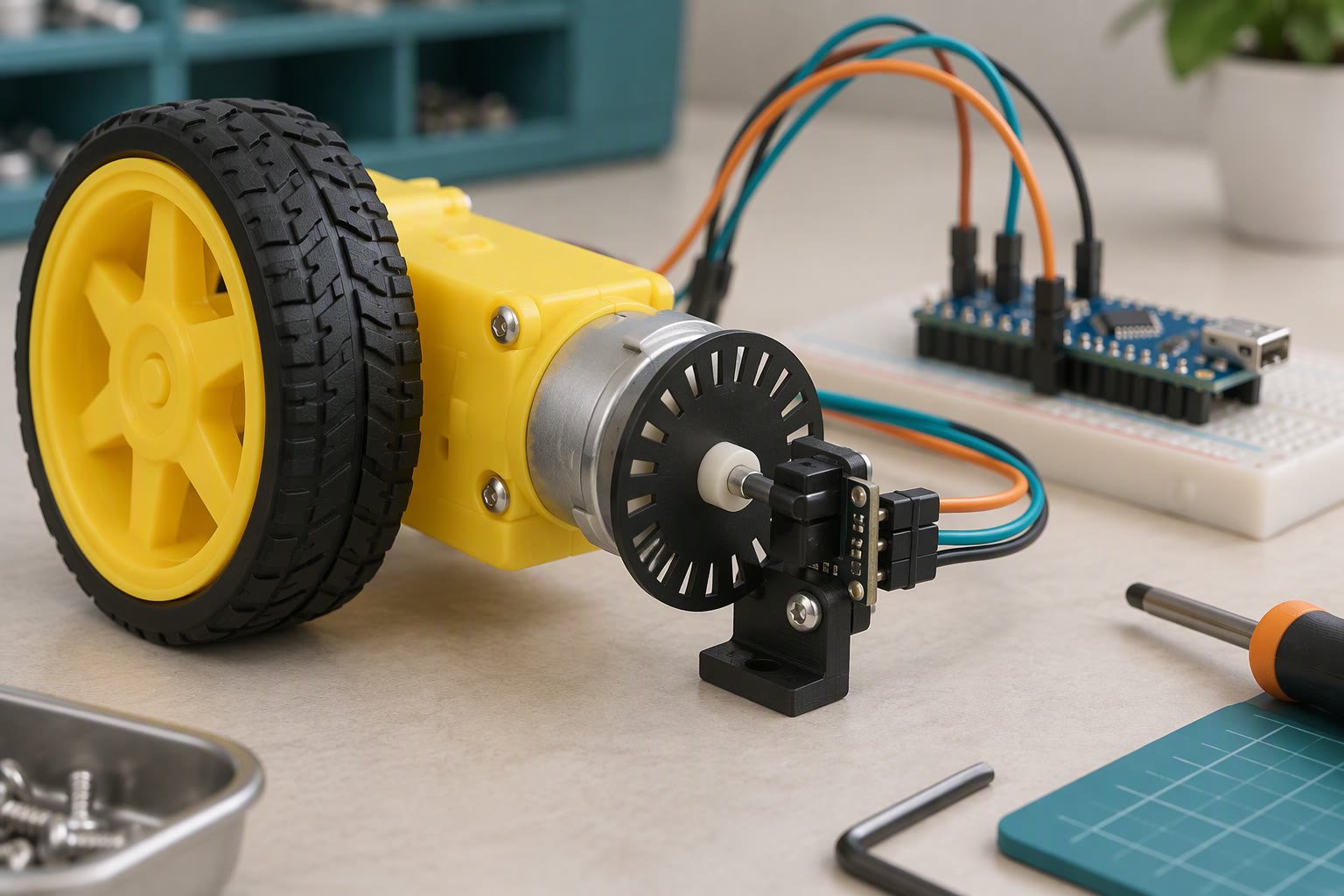 Rotary encoder attached to a geared DC motor wheel