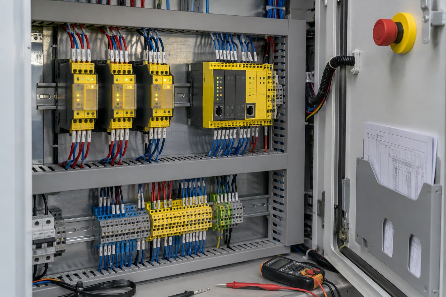 Safety relay and safety PLC mounted side by side in an electrical control cabinet