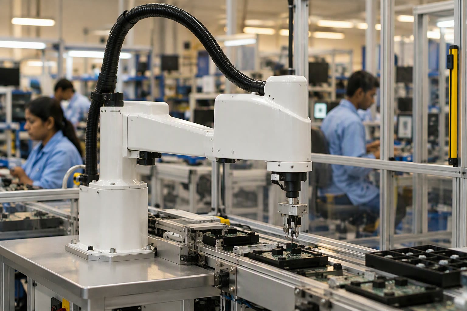 SCARA robot picking components at an electronics assembly bench in India