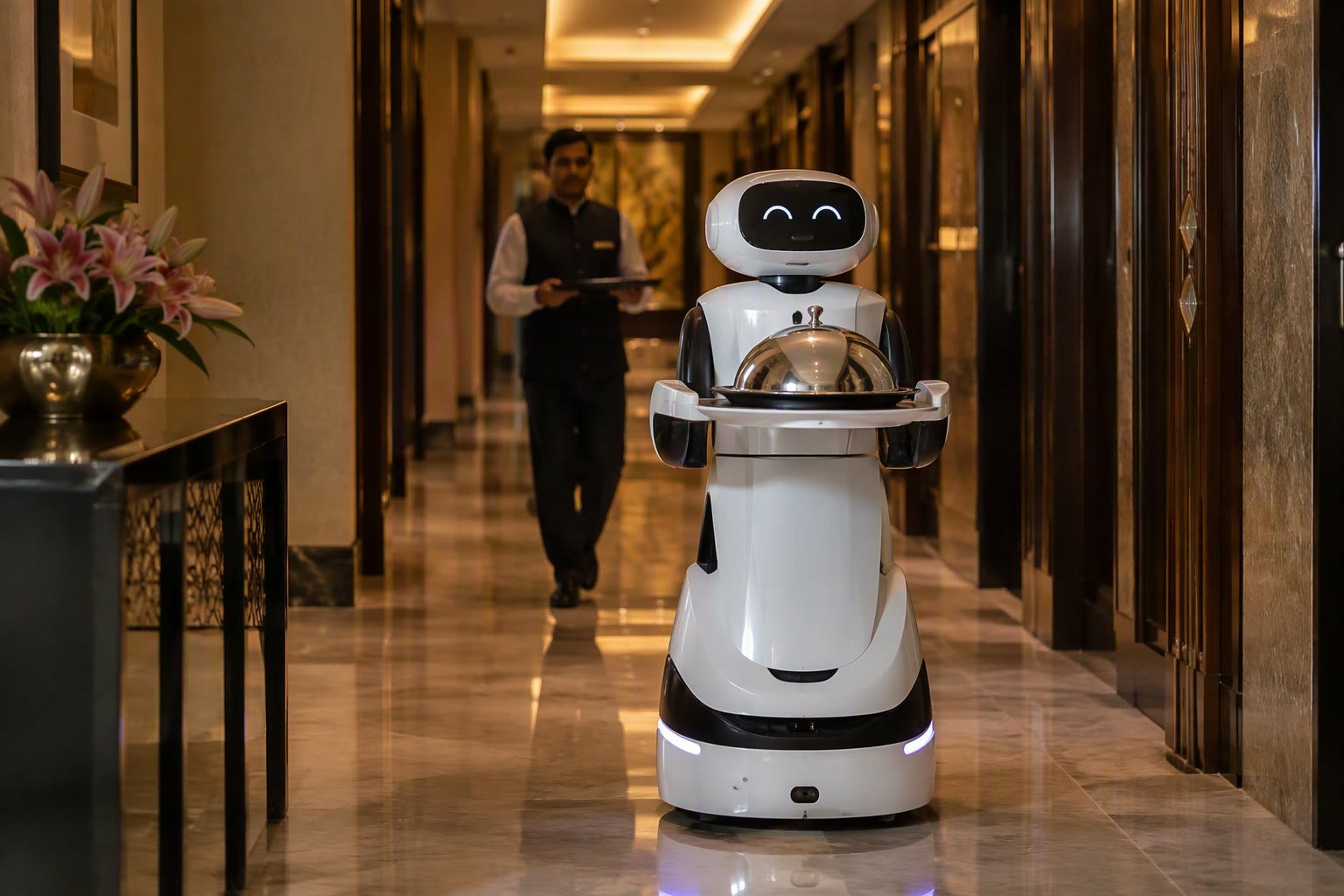 Service delivery robot carrying a tray in a hotel corridor
