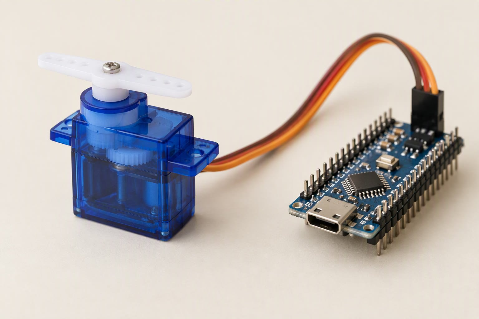 SG90 micro servo beside an Arduino board with its three-wire lead