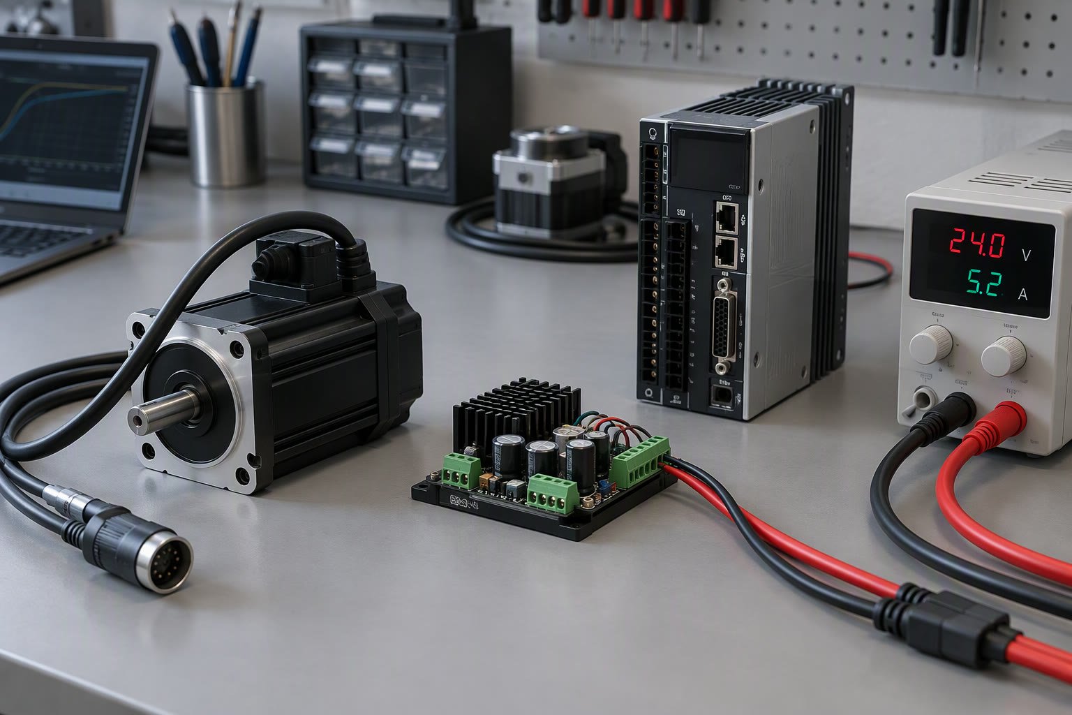 Integrated servo motor, hobby motor controller and industrial servo drive compared on a bench