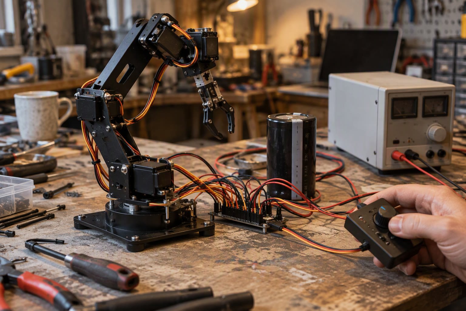 Small servo robot arm on a bench with a separate power supply and capacitor
