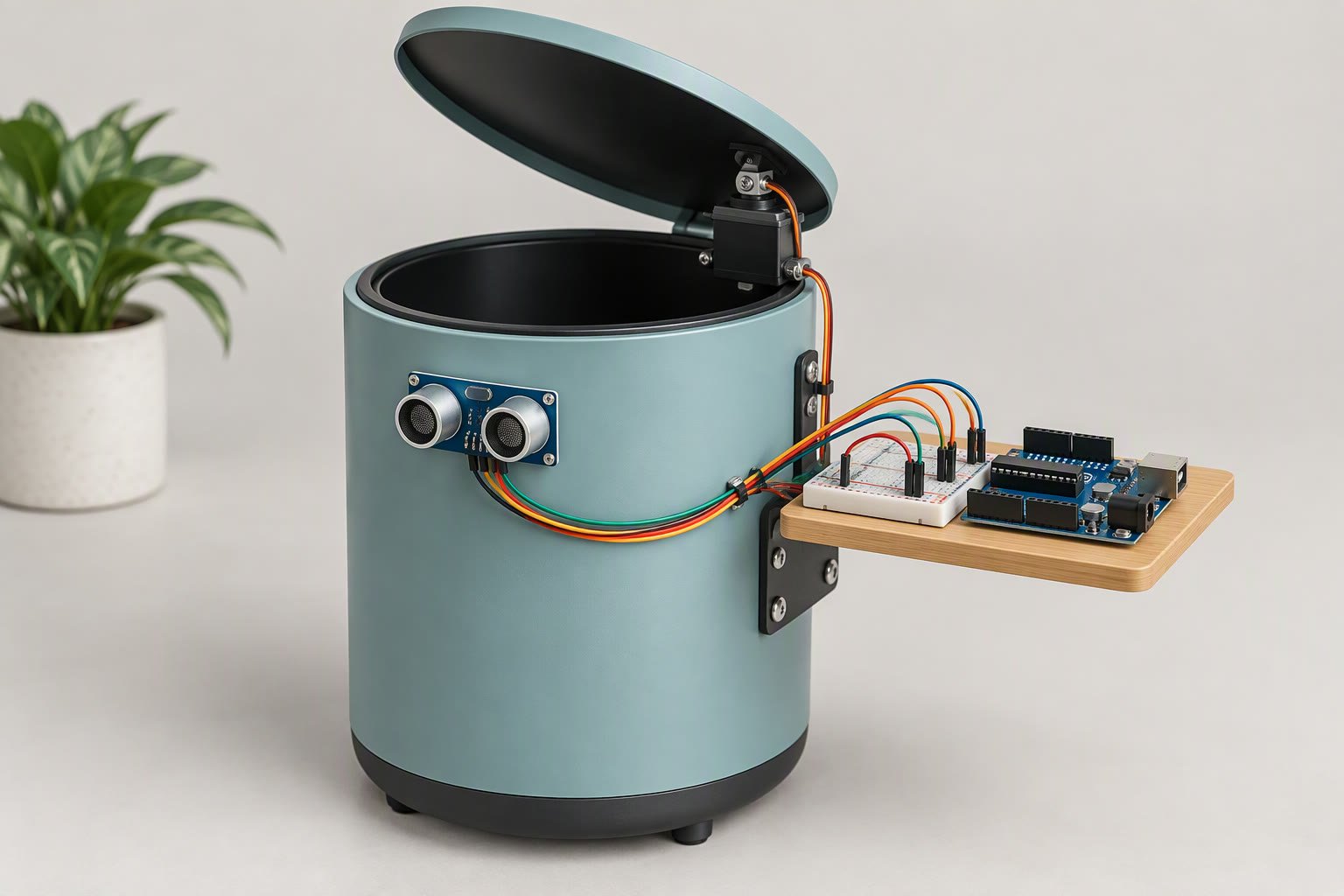 Automatic dustbin with a servo-driven lid and an ultrasonic sensor on the front