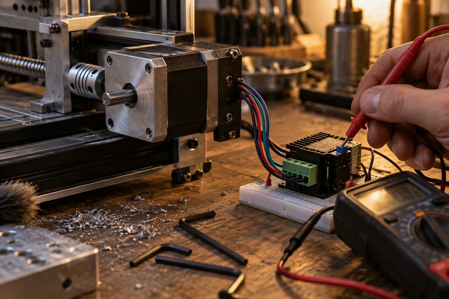 Stepper motor on a CNC frame with a driver module and multimeter probe