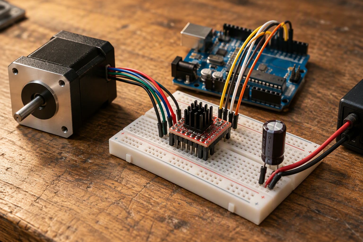 NEMA 17 stepper motor wired to an A4988 driver on a breadboard beside an Arduino Uno