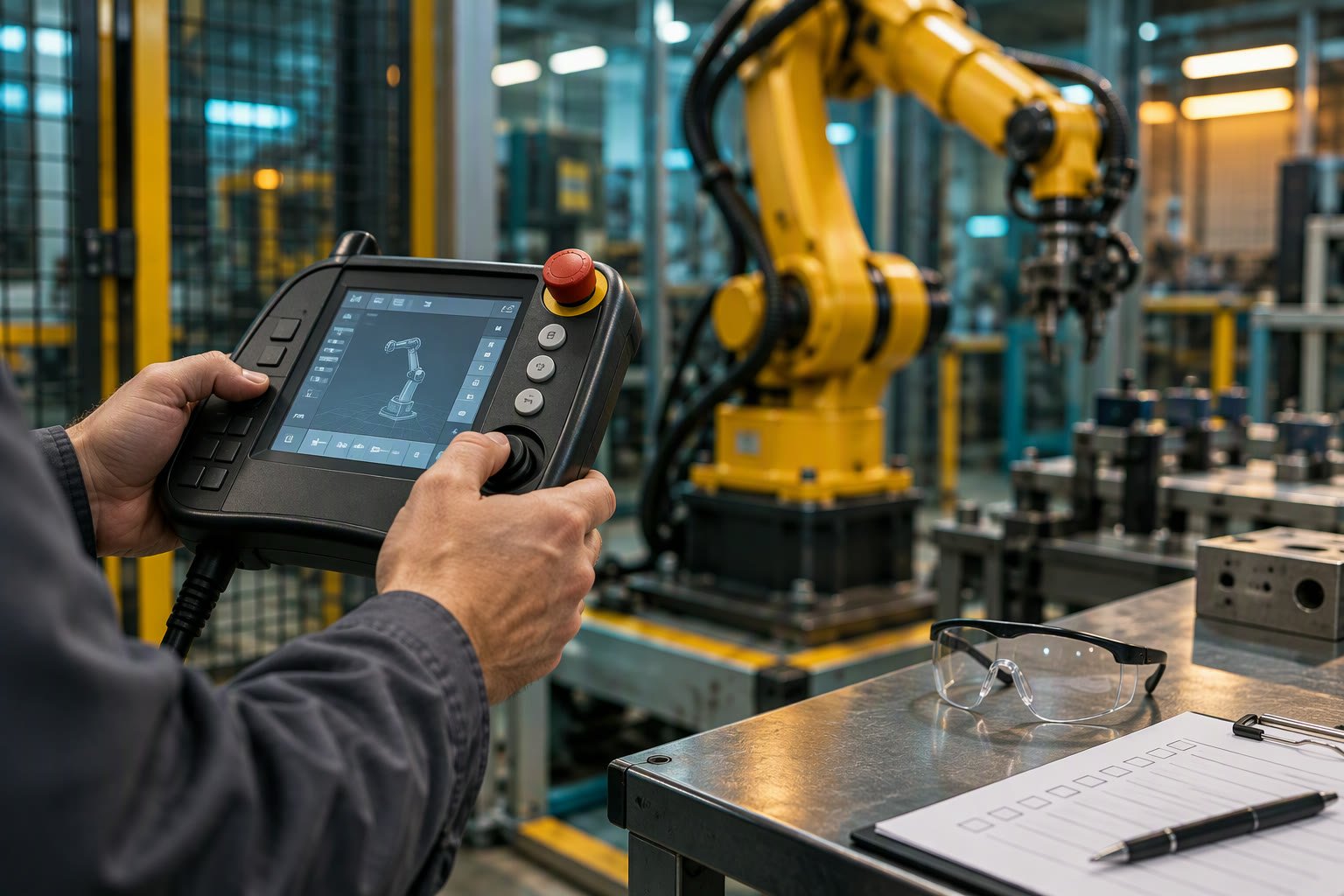 Operator using a robot teach pendant beside an industrial arm