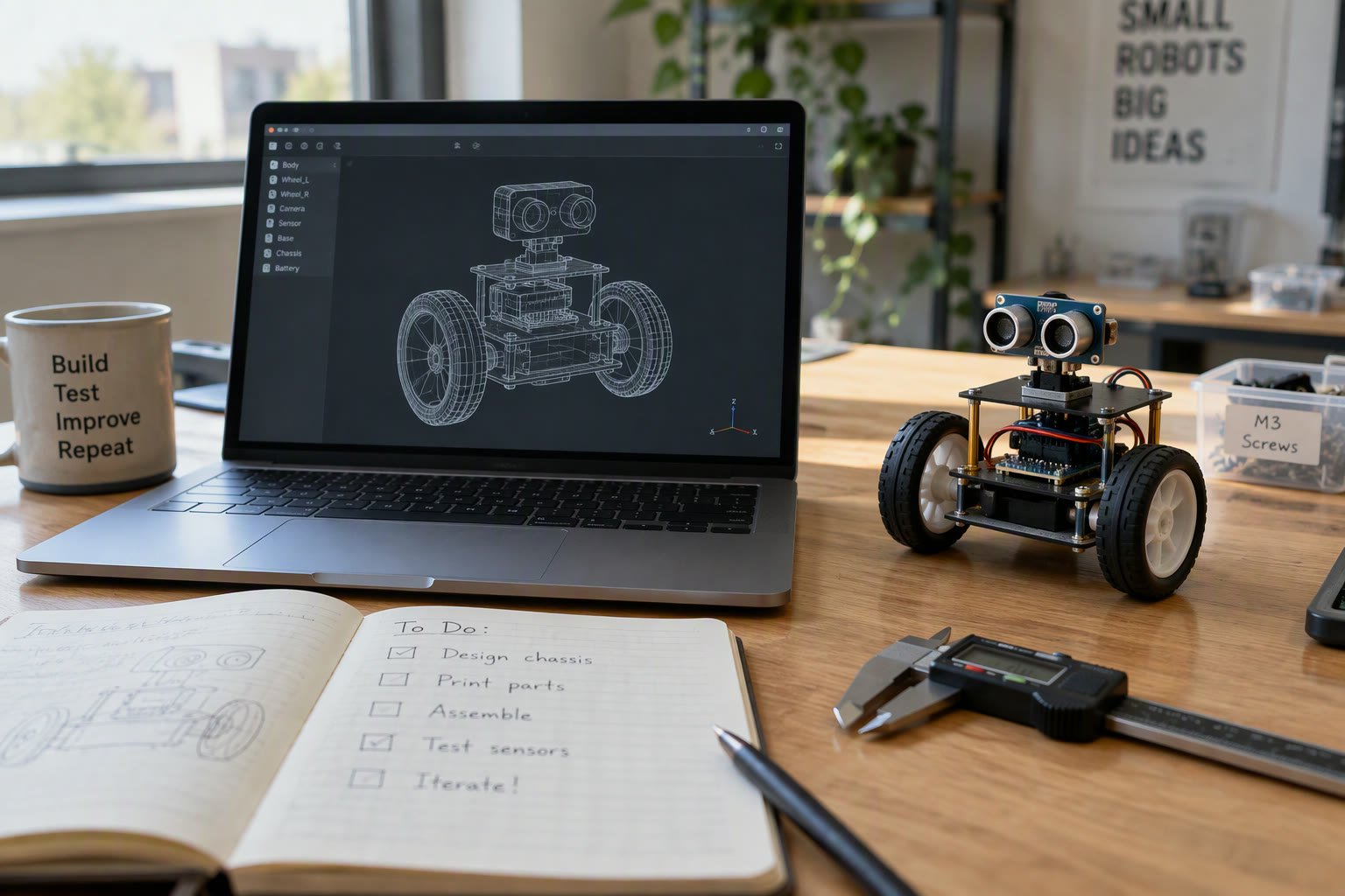 URDF file on a laptop beside a simple two-wheel robot model in RViz