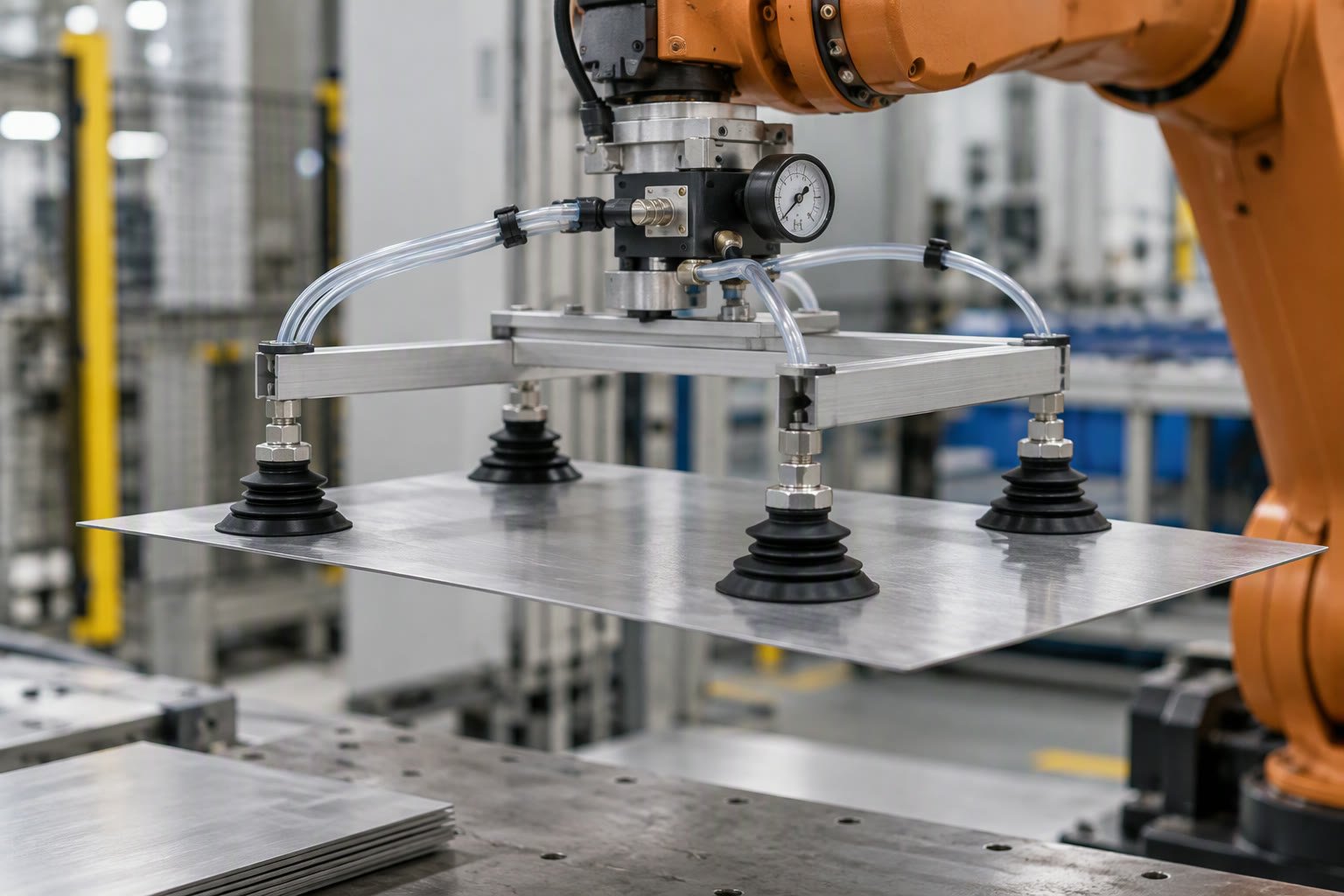 Robot arm with a four-cup vacuum gripper holding a flat panel above a workbench