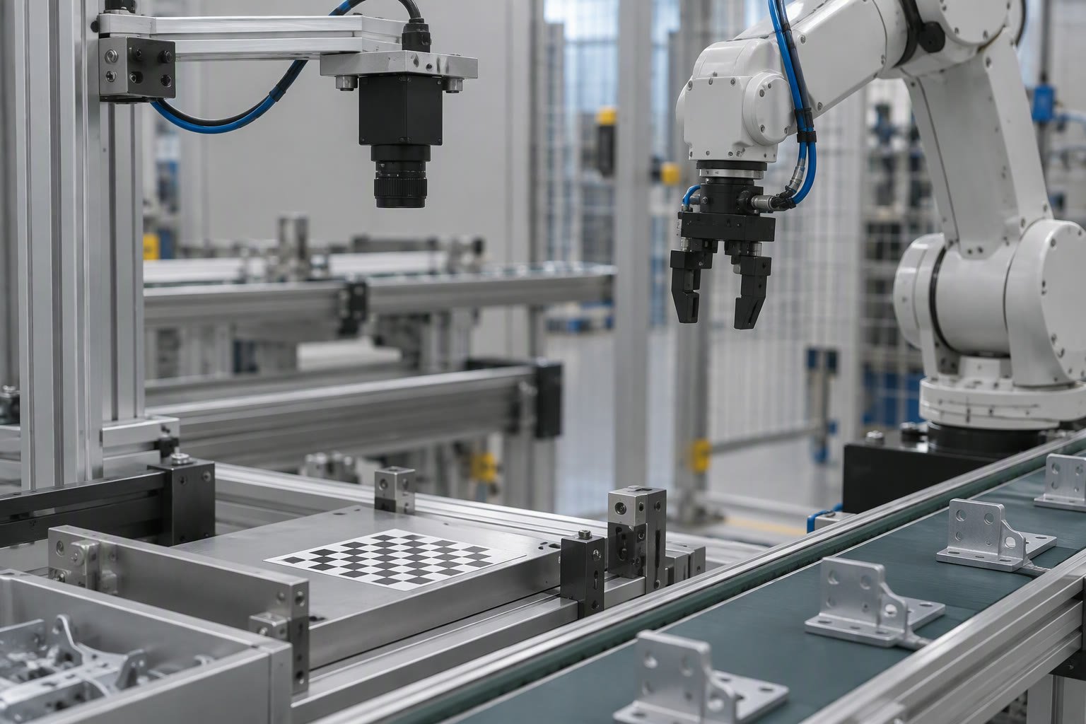 Industrial camera mounted above a robot pick station with a calibration target