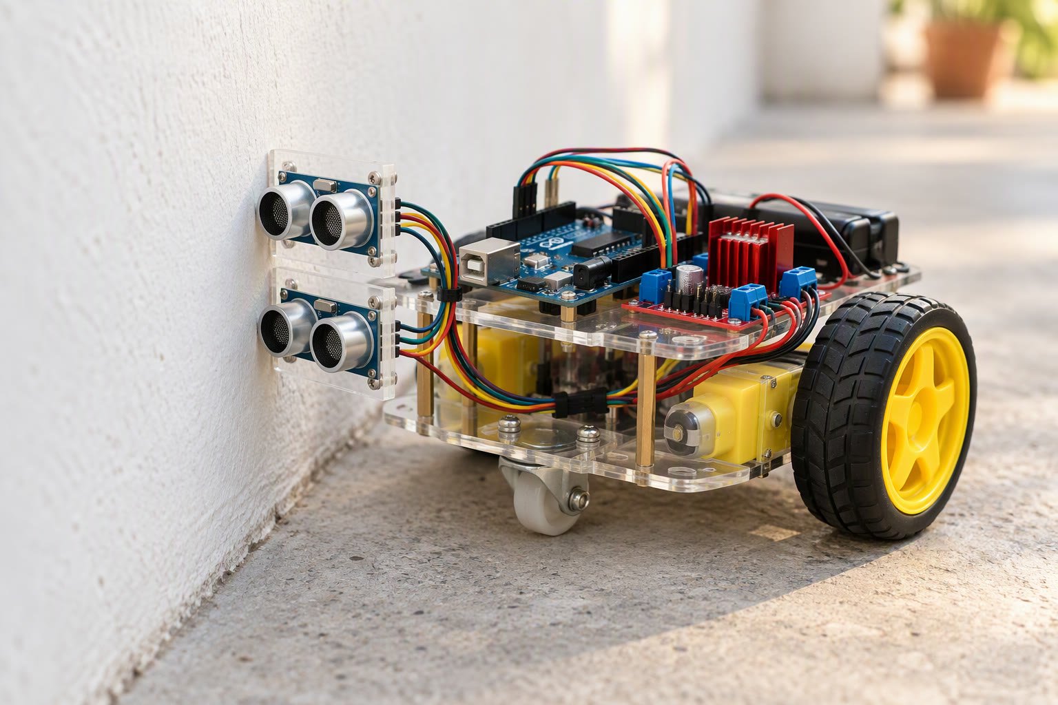 Robot holding a steady distance from a wall with a side-mounted ultrasonic sensor