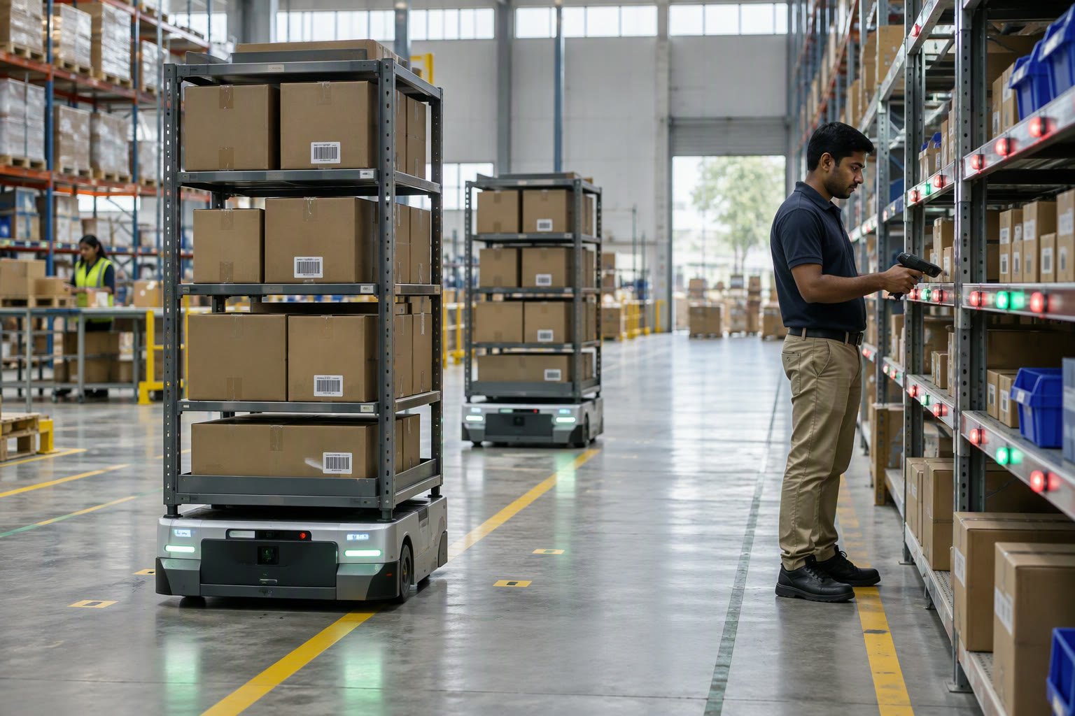 Warehouse aisle with shelving, picking carts and a mobile robot in India