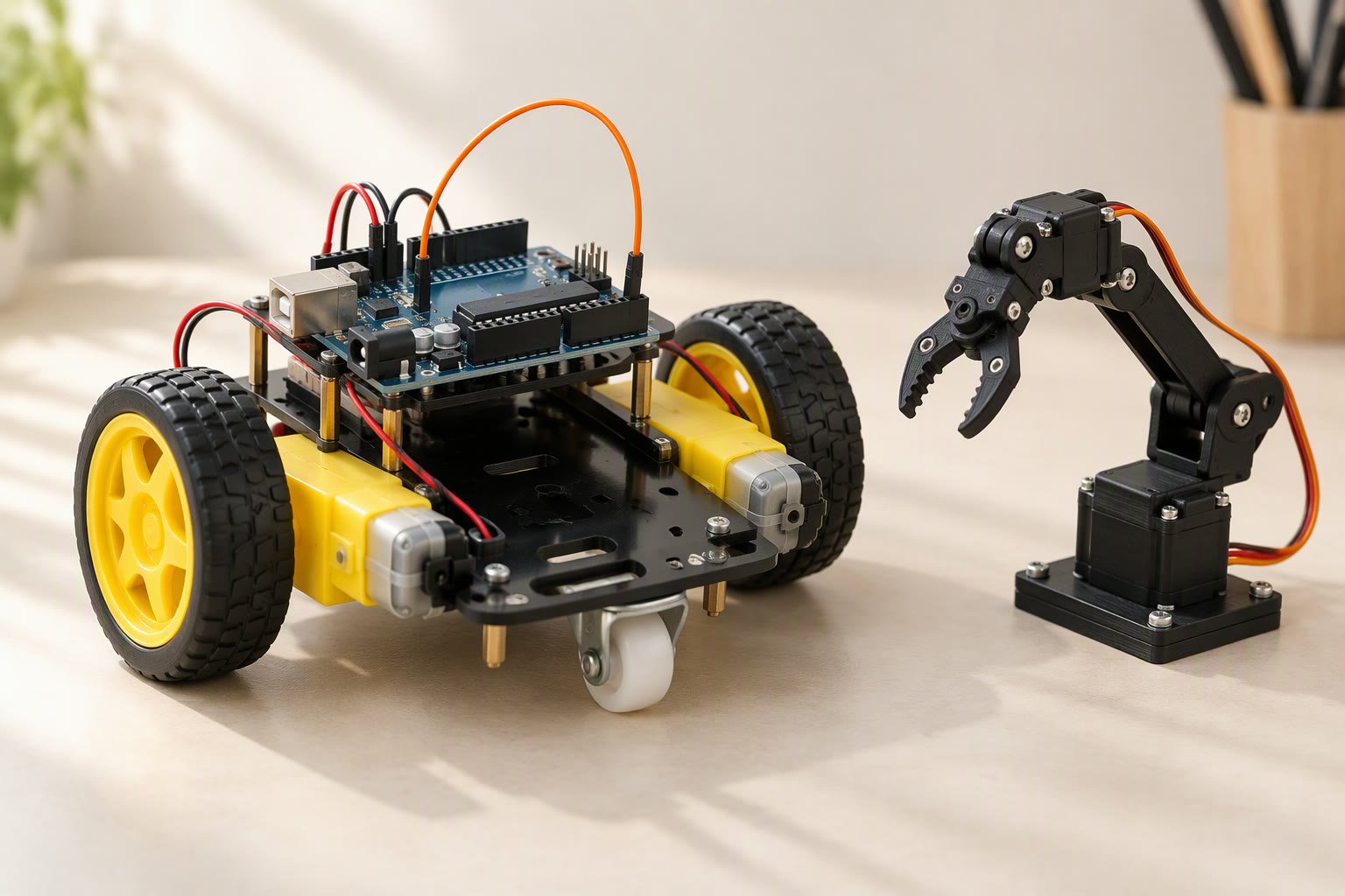 Small student robot chassis with Arduino and a servo arm on a workbench