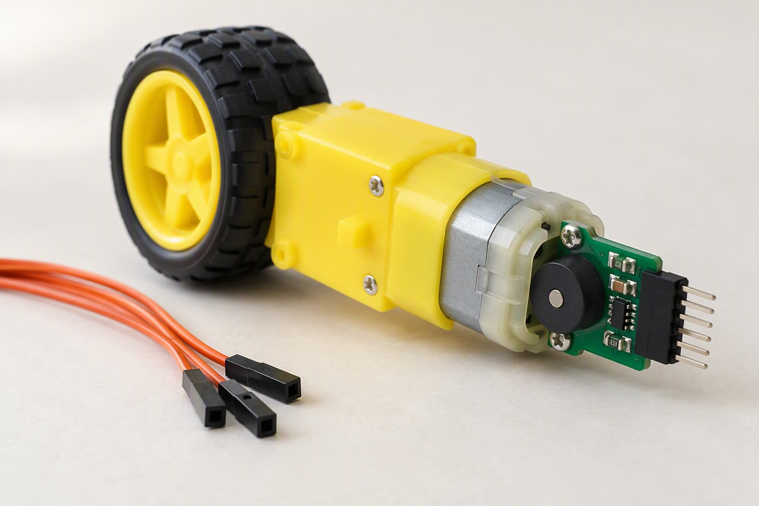 Yellow TT gearmotor with a magnetic encoder board and a black wheel