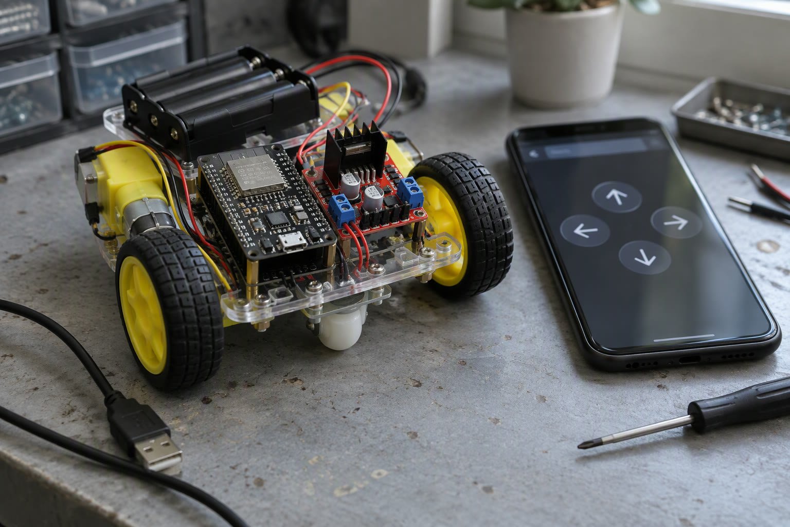 ESP32 robot car on a workbench beside a phone showing a four-button control page